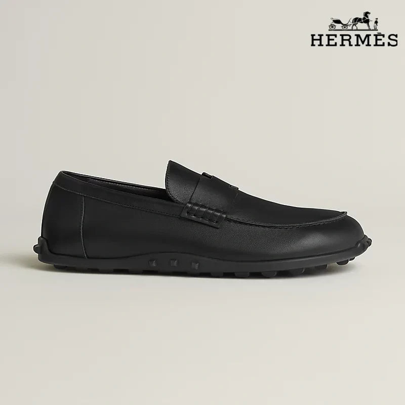 Hermès Black Smooth Leather Driving Loafer with Studded Sole