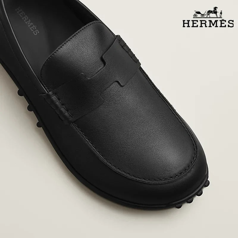 Hermès Black Smooth Leather Driving Loafer with Studded Sole