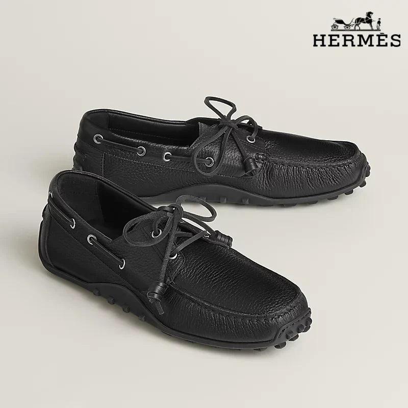 Hermès Black Grained Leather Lace-Up Driving Shoe with Studded Sole