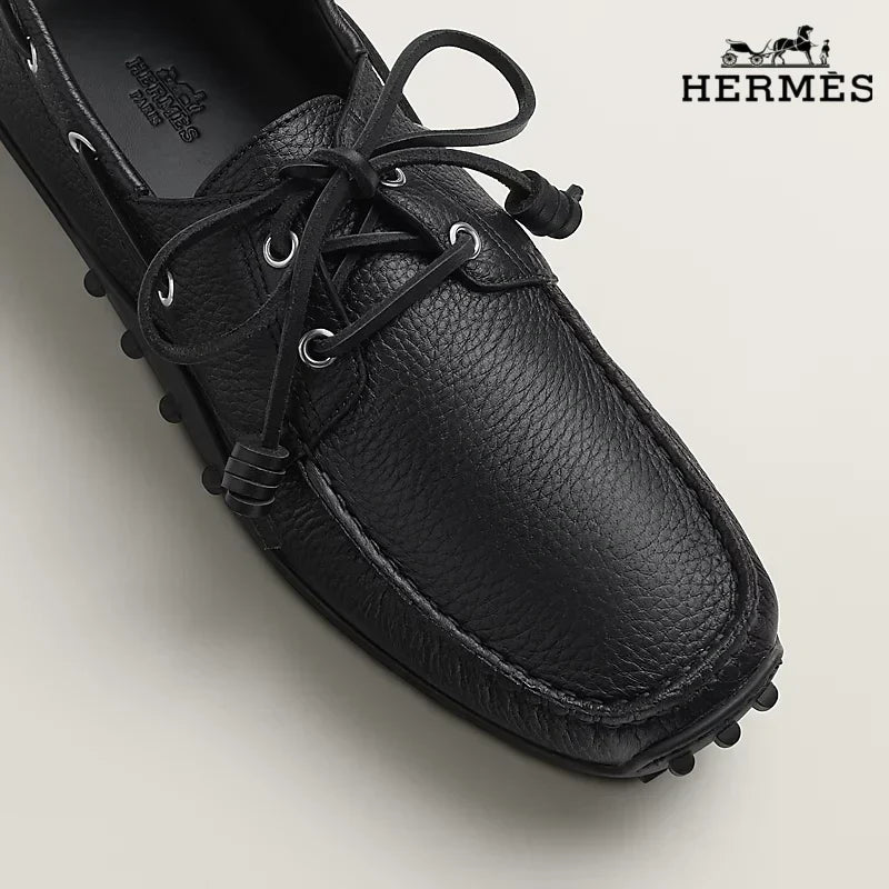 Hermès Black Grained Leather Lace-Up Driving Shoe with Studded Sole