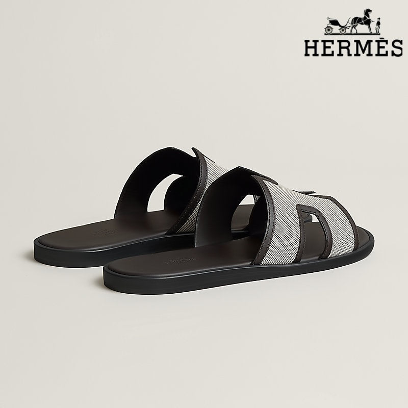 Hermès Izmir Beige Canvas Slide Sandals with Leather Trim