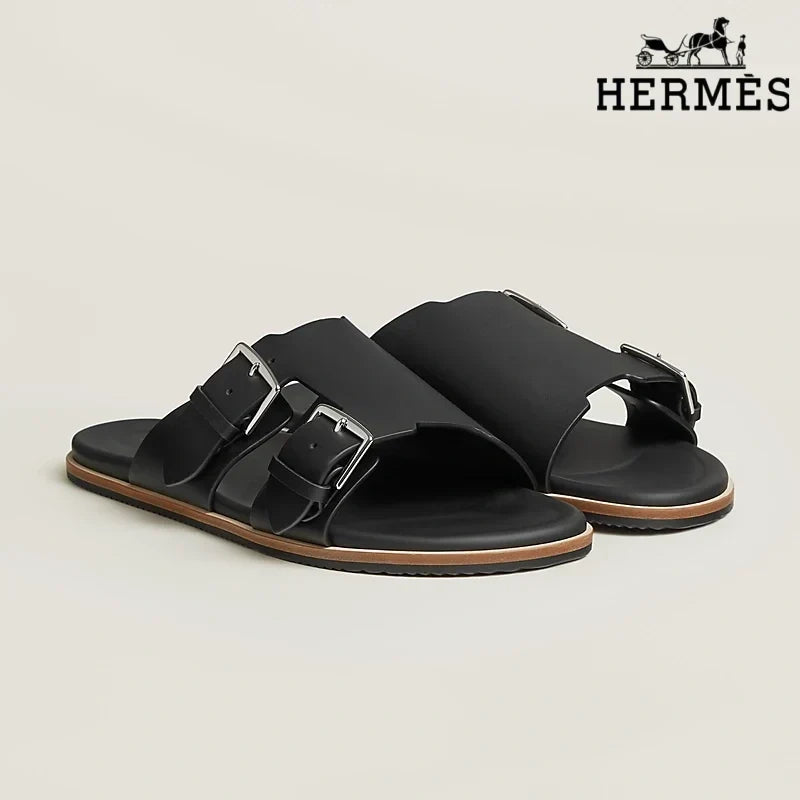 Hermès Beige Suede Slide Sandals with Double Silver Buckles
