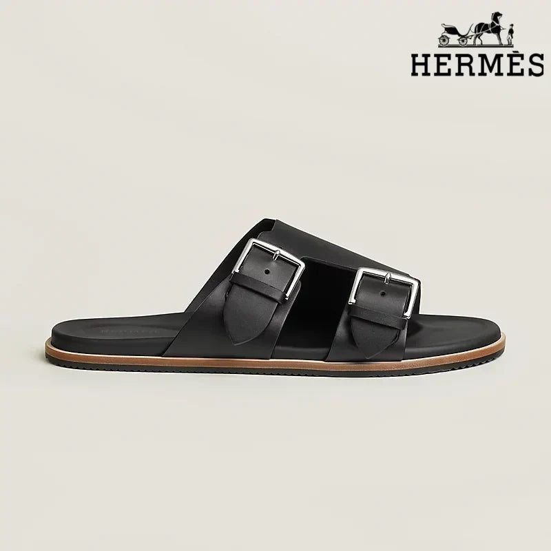 Hermès Black Smooth Leather Slide Sandals with Double Silver Buckles