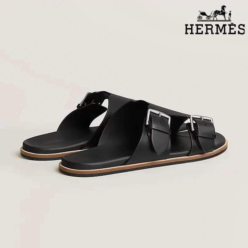 Hermès Beige Suede Slide Sandals with Double Silver Buckles