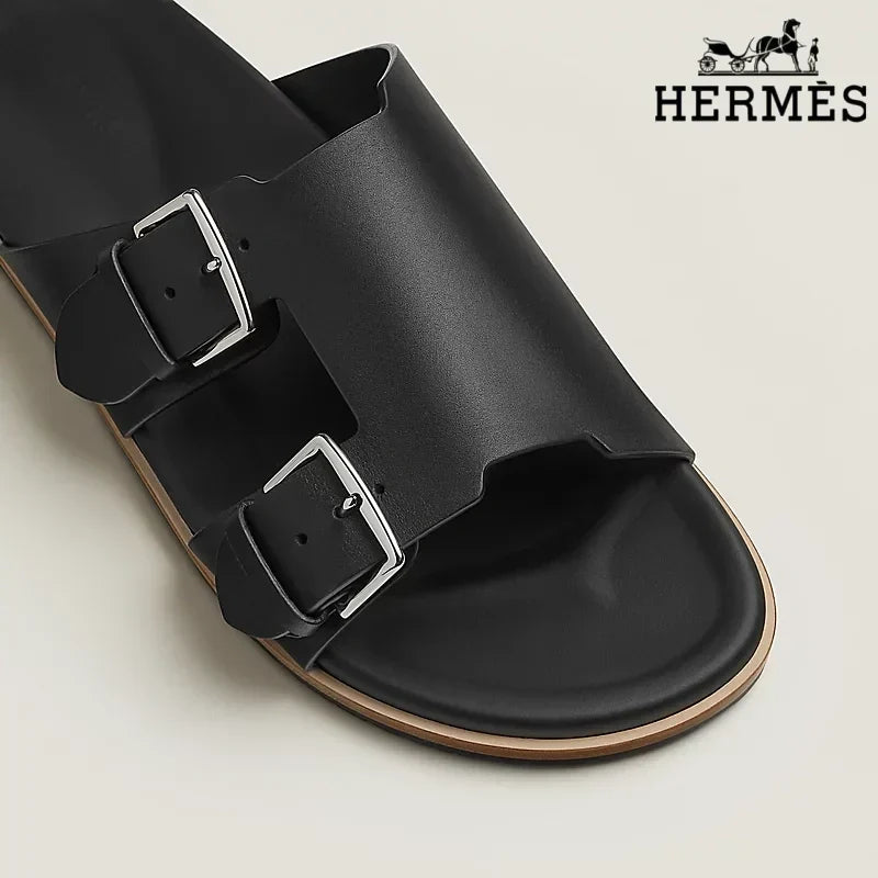 Hermès Black Smooth Leather Slide Sandals with Double Silver Buckles