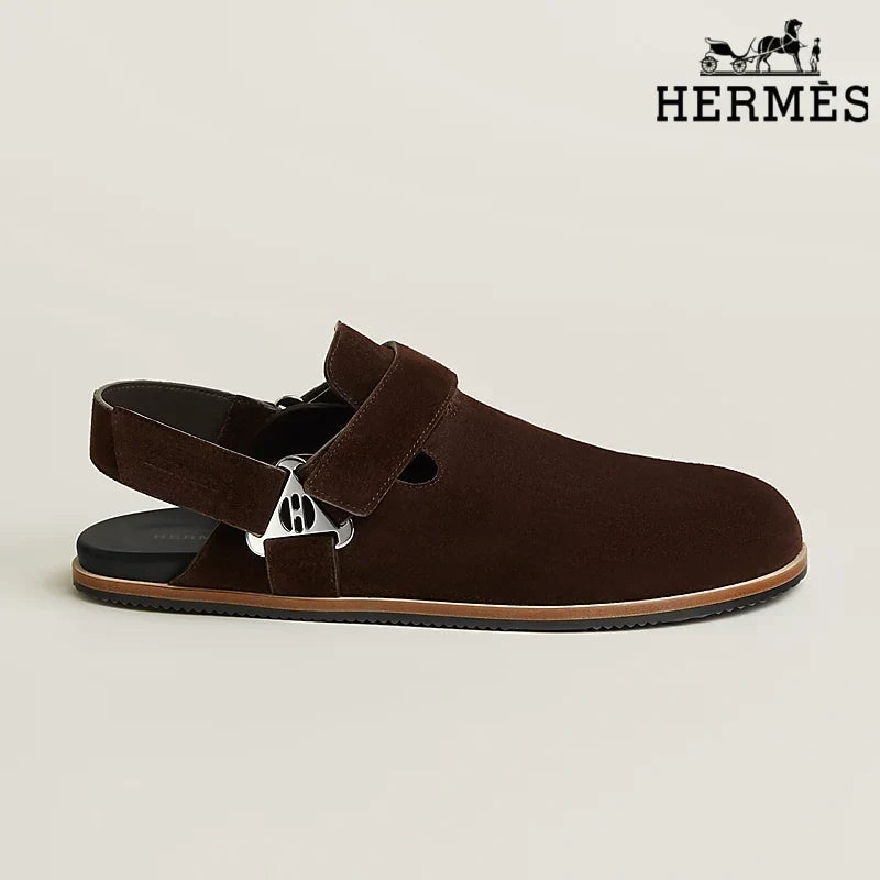 Hermès Dark Brown Suede Slingback Mules with Silver H Turnlock