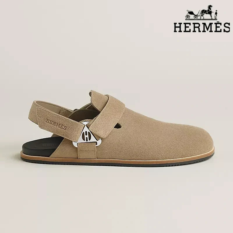 Hermès Light Khaki Suede Slingback Mules with Silver H Turnlock