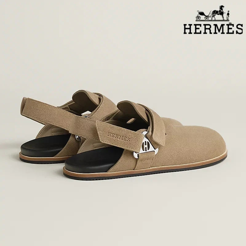 Hermès Light Khaki Suede Slingback Mules with Silver H Turnlock