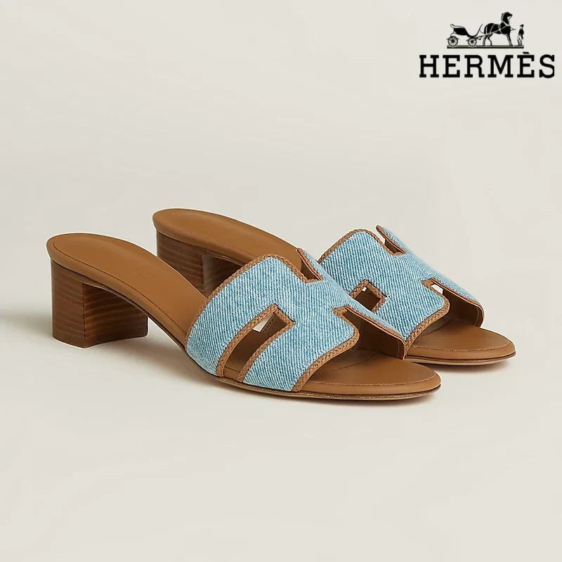Hermès Light Blue Denim Heeled Slide Sandals with H Cutout