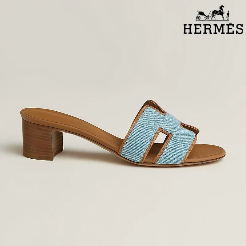 Hermès Light Blue Denim Heeled Slide Sandals with H Cutout