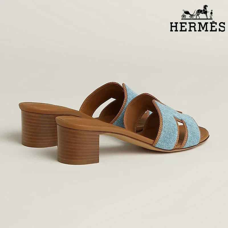Hermès Light Blue Denim Heeled Slide Sandals with H Cutout
