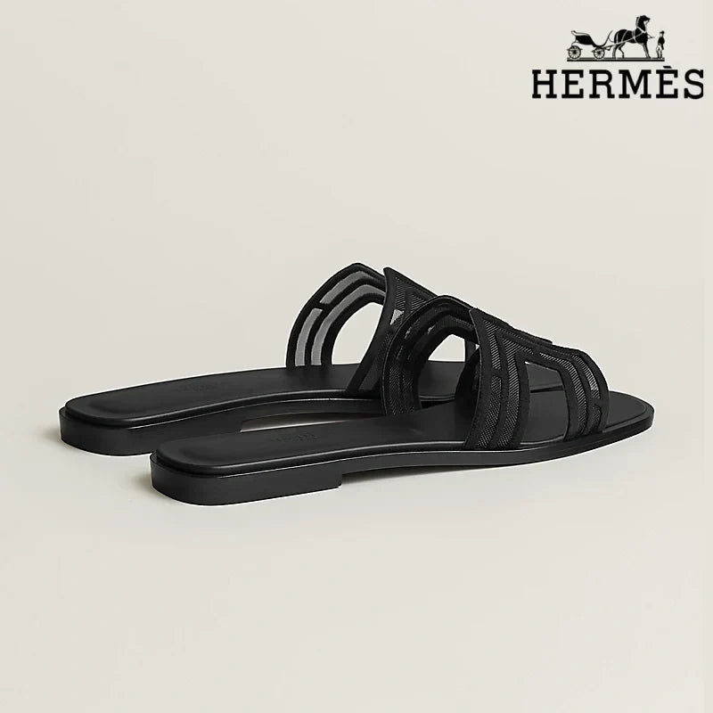 Hermès Black Mesh Slide Sandals with H Cutout