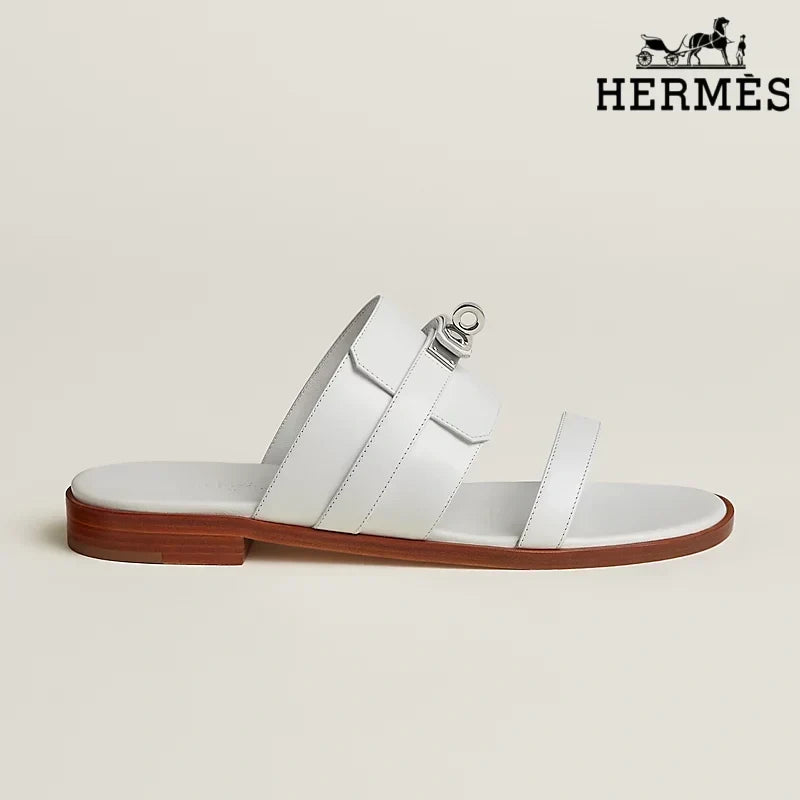 Hermès White female shoes Smooth Leather Slide Sandals with Silver Kelly Buckle