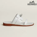 Hermès White female shoes Smooth Leather Slide Sandals with Silver Kelly Buckle