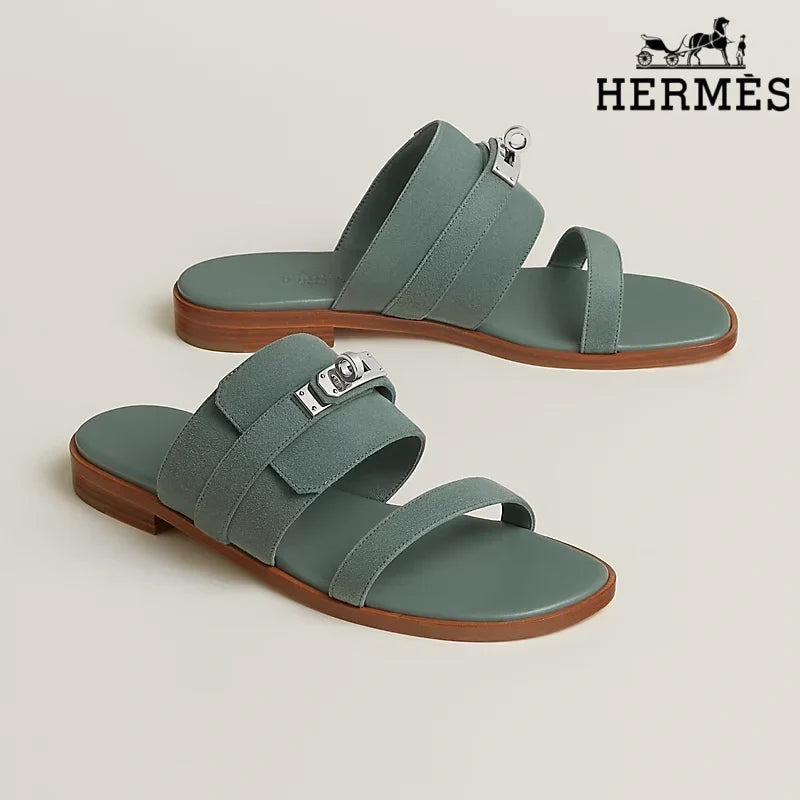 Hermès Sage Green Suede Slide Sandals with Silver Kelly Buckle