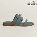 Hermès Sage Green Suede Slide Sandals with Silver Kelly Buckle