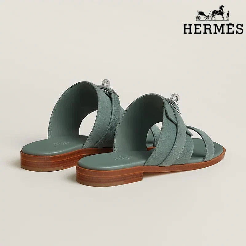 Hermès Sage Green Suede Slide Sandals with Silver Kelly Buckle