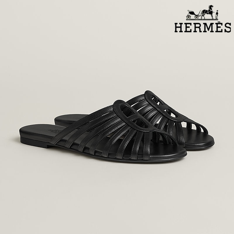 Hermès Black Leather Cage Slide Sandals