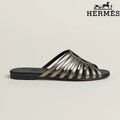 Hermès Metallic Bronze Leather Flat Slide Sandals