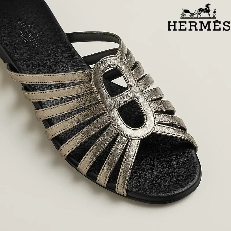 Hermès Metallic Bronze Leather Flat Slide Sandals