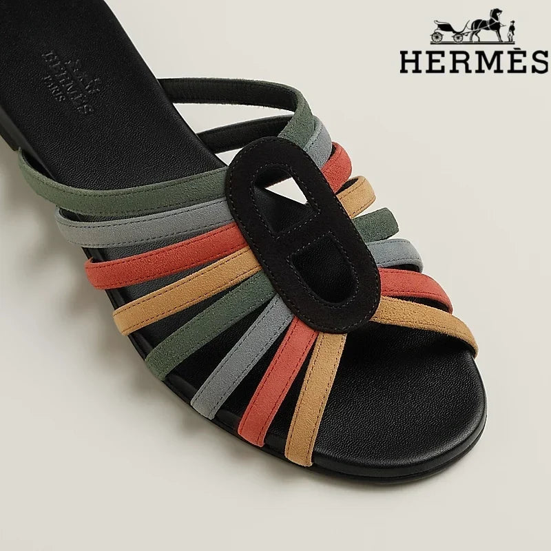 Hermès Multicolor Suede Flat Slide Sandals