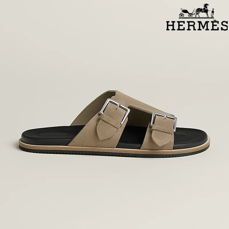 Hermès Khaki Suede Double Buckle Slide Sandals