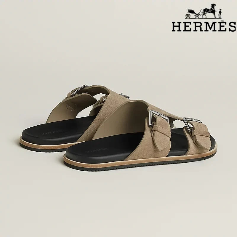 Hermès Khaki Suede Double Buckle Slide Sandals