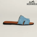 Hermès Oran Blue Denim Fringe Slide Sandals