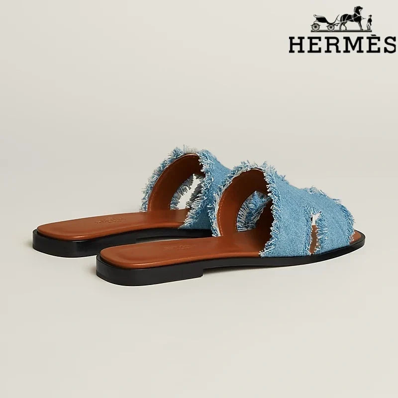 Hermès Oran Blue Denim Fringe Slide Sandals