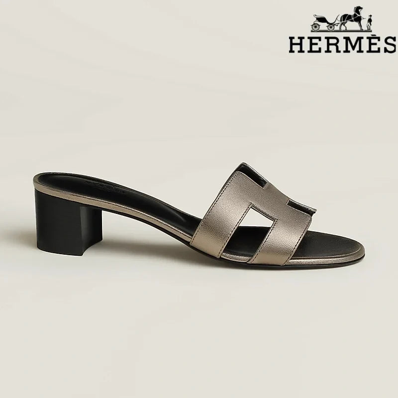 Hermès Metallic Bronze Leather Heeled Slide Sandals