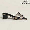 Hermès Metallic Bronze Leather Heeled Slide Sandals