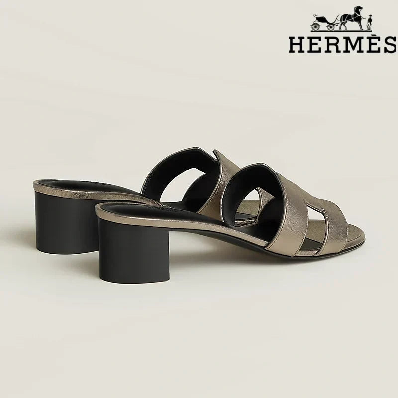 Hermès Metallic Bronze Leather Heeled Slide Sandals