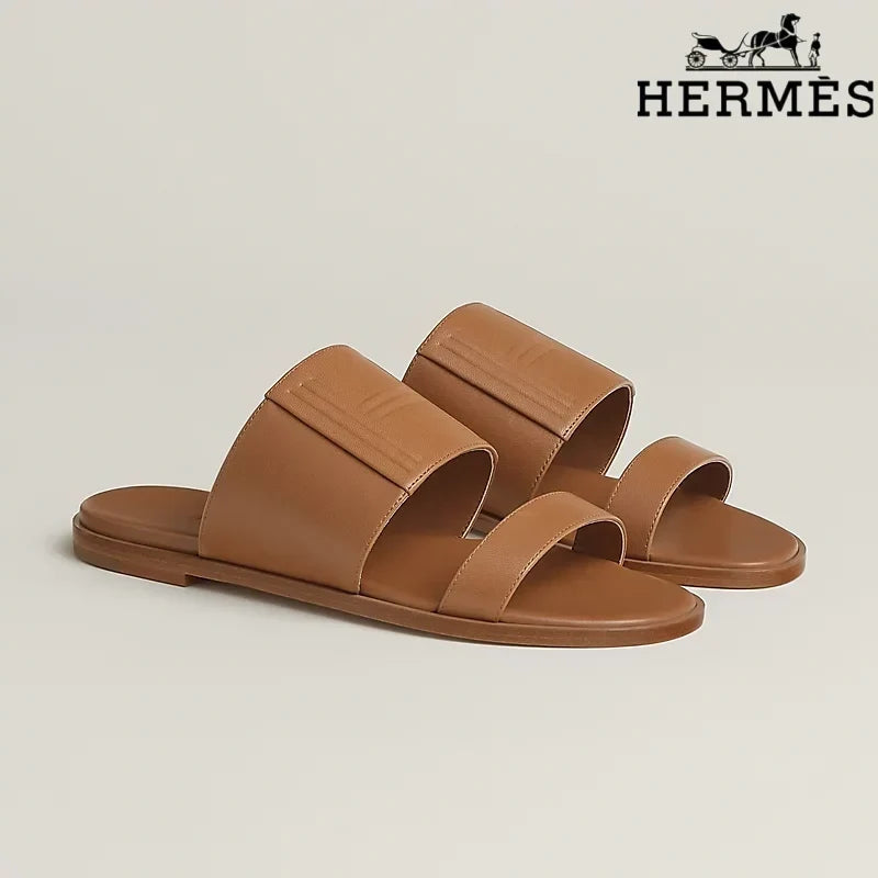 Hermès  female slides Tan Calfskin Two-Strap Flat Slide Sandals