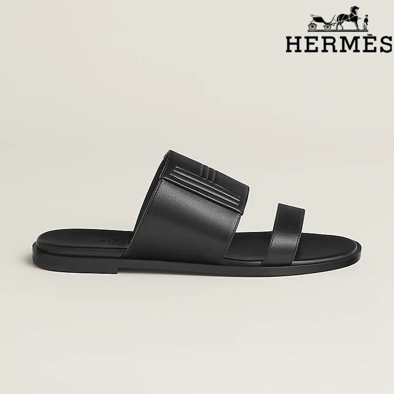 Hermès Black Calfskin Two-Strap Flat Slide Sandals
