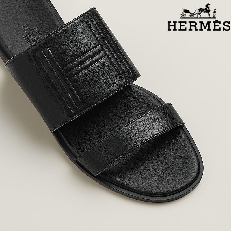 Hermès Black Calfskin Two-Strap Flat Slide Sandals