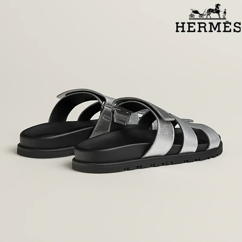 Hermès Silver Metallic Leather H Cutout Slide Sandals