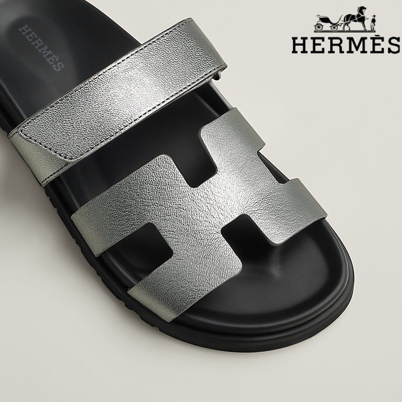 Hermès Silver Metallic Leather H Cutout Slide Sandals