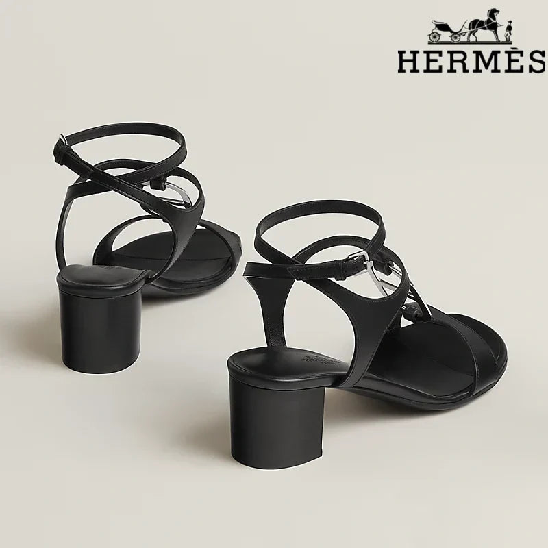 Hermès Black Calfskin Ankle Strap Block Heel Sandals