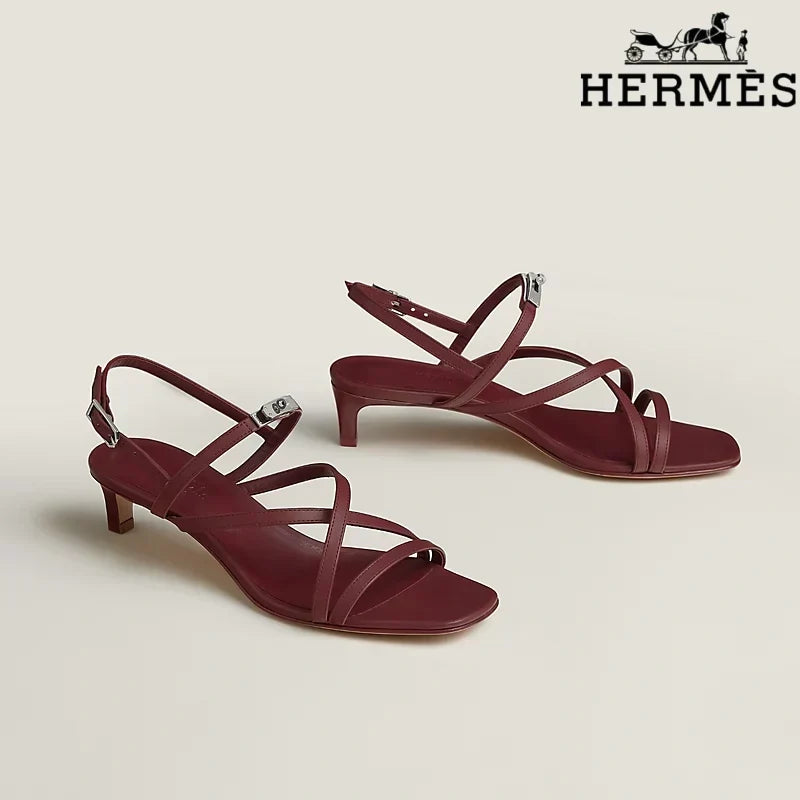 Hermès Burgundy Calfskin Crisscross Strap Kitten Heel Sandals