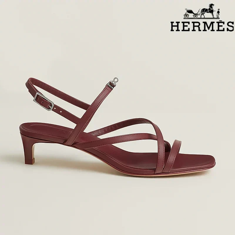 Hermès Burgundy Calfskin Crisscross Strap Kitten Heel Sandals