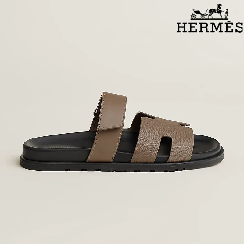 Hermès womens shoes men sneaker Taupe Leather H Cutout Double-Strap Slide Sandals