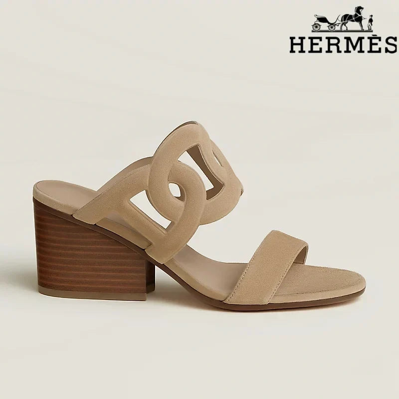Hermès Beige Suede Cutout Wedge Slide Sandals