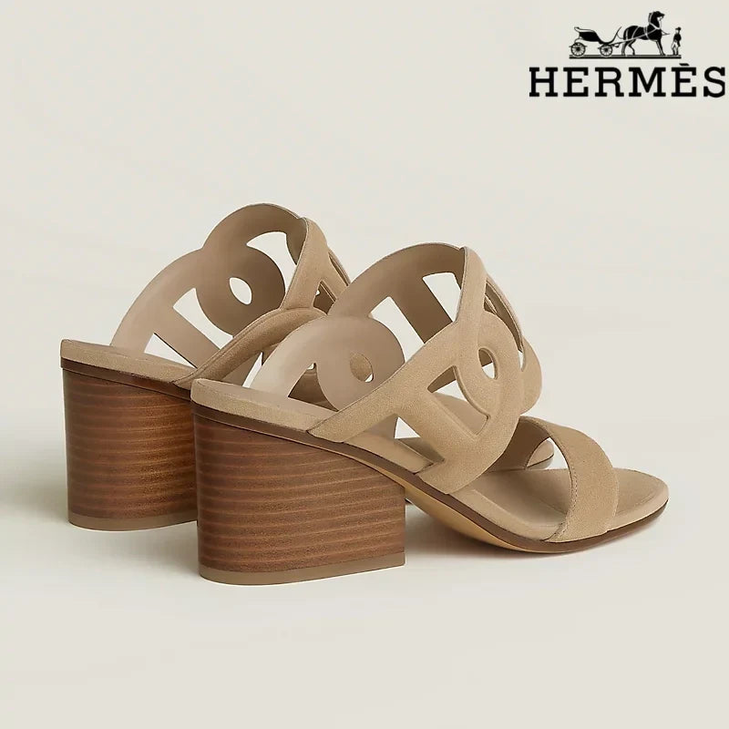 Hermès Beige Suede Cutout Wedge Slide Sandals