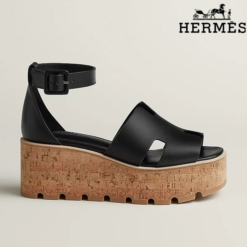 Hermès Black Calfskin H Cutout Platform Wedge Sandals