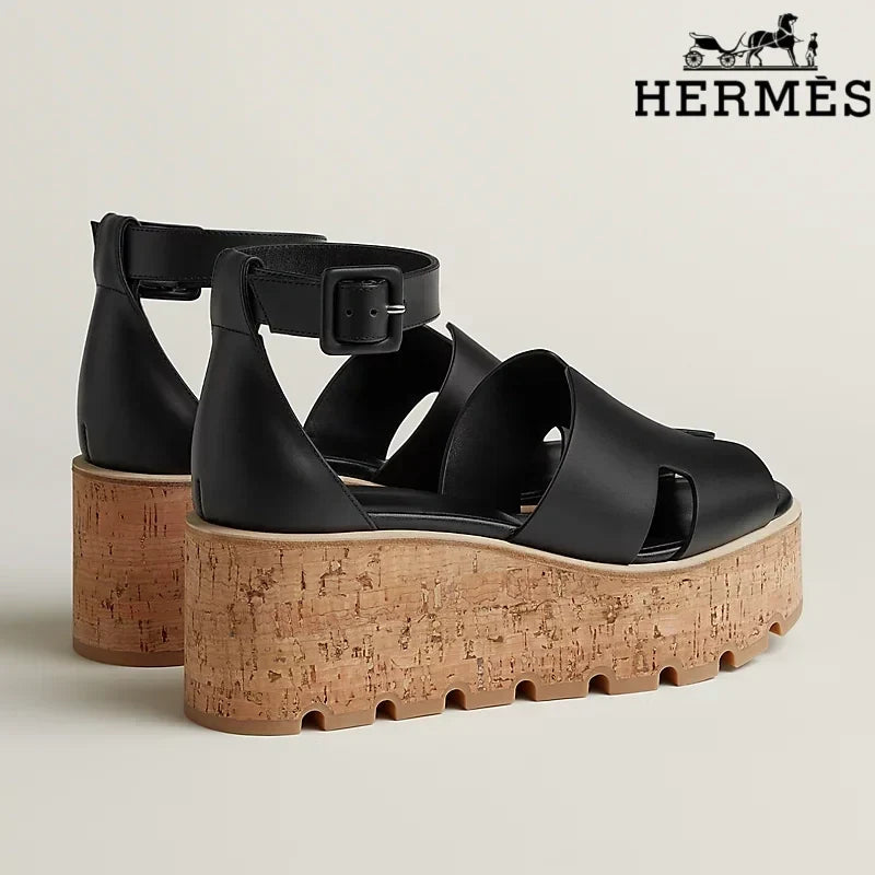 Hermès Black Calfskin H Cutout Platform Wedge Sandals