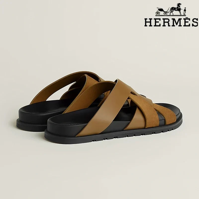Hermès Brown Leather and Suede Cross-Strap Slide Sandals