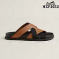 Hermès   slides Tan Leather and Black Webbing Cross-Strap Slide Sandals