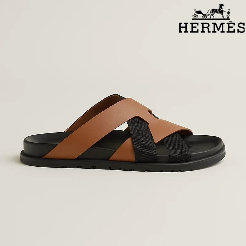 Hermès   slides Tan Leather and Black Webbing Cross-Strap Slide Sandals
