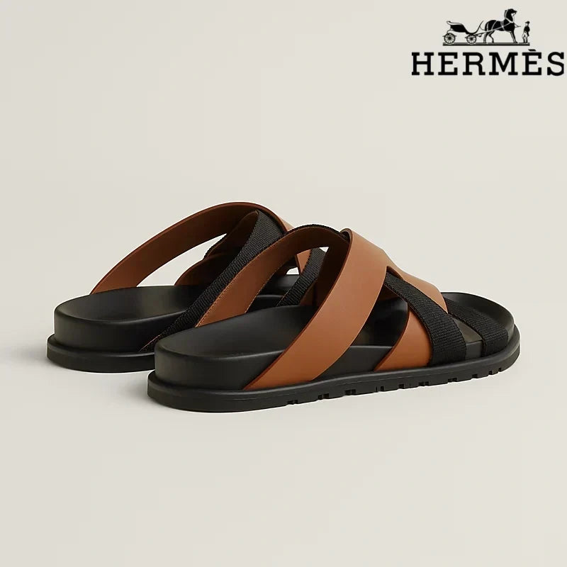 Hermès   slides Tan Leather and Black Webbing Cross-Strap Slide Sandals