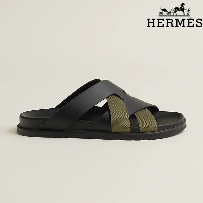 Hermès Black Leather and Olive Webbing Cross-Strap Slide Sandals